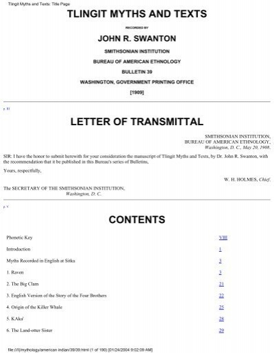 Couverture du Bulletin 39 du Bureau of American Ethnology, 1909, présentant les mythes Tlingit de John R. Swanton.
