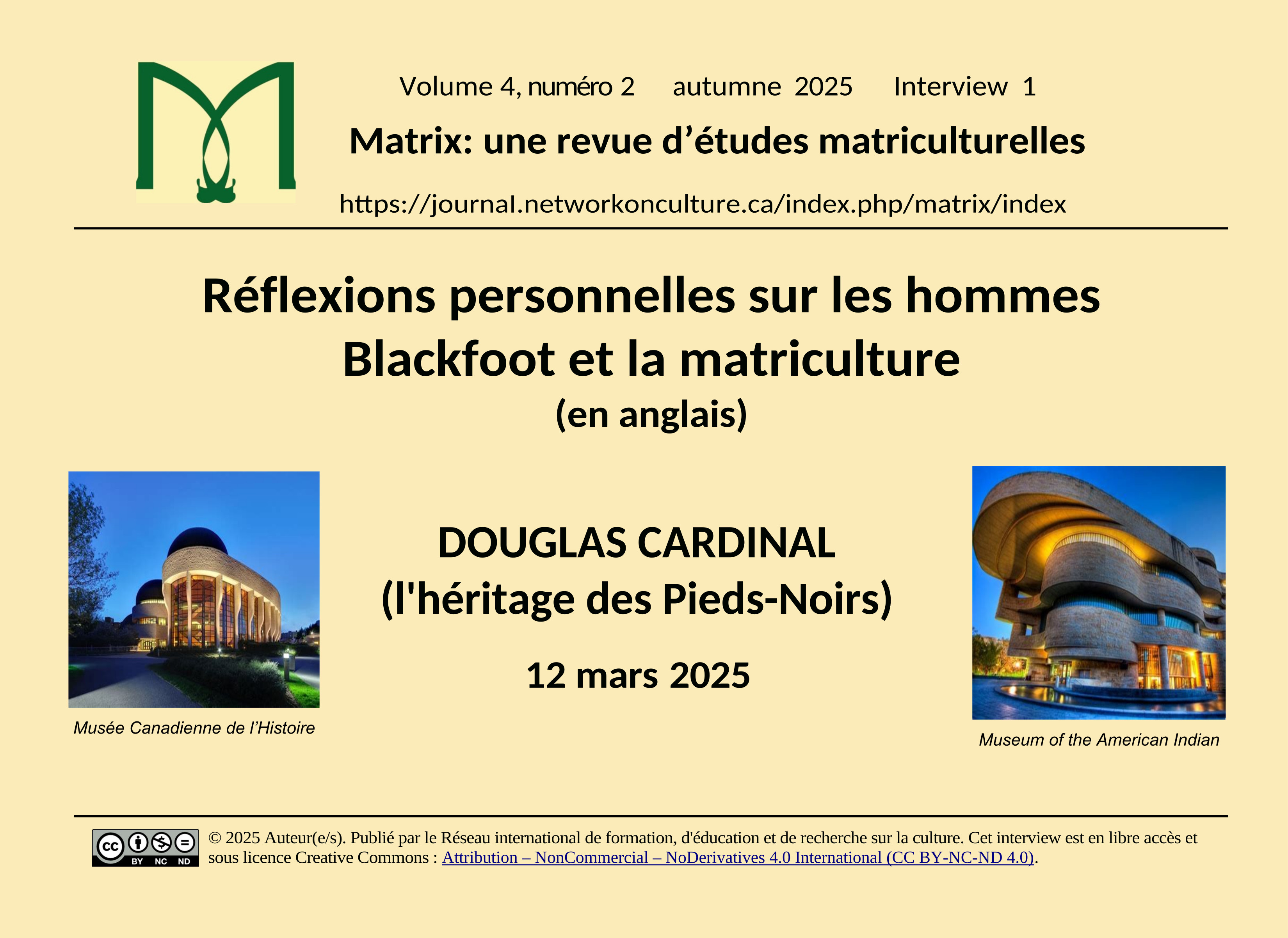 Carte de titre pour Douglas Cardinal, Réflexions personnelles sur les hommes Blackfoot et la matriculture (en anglais)