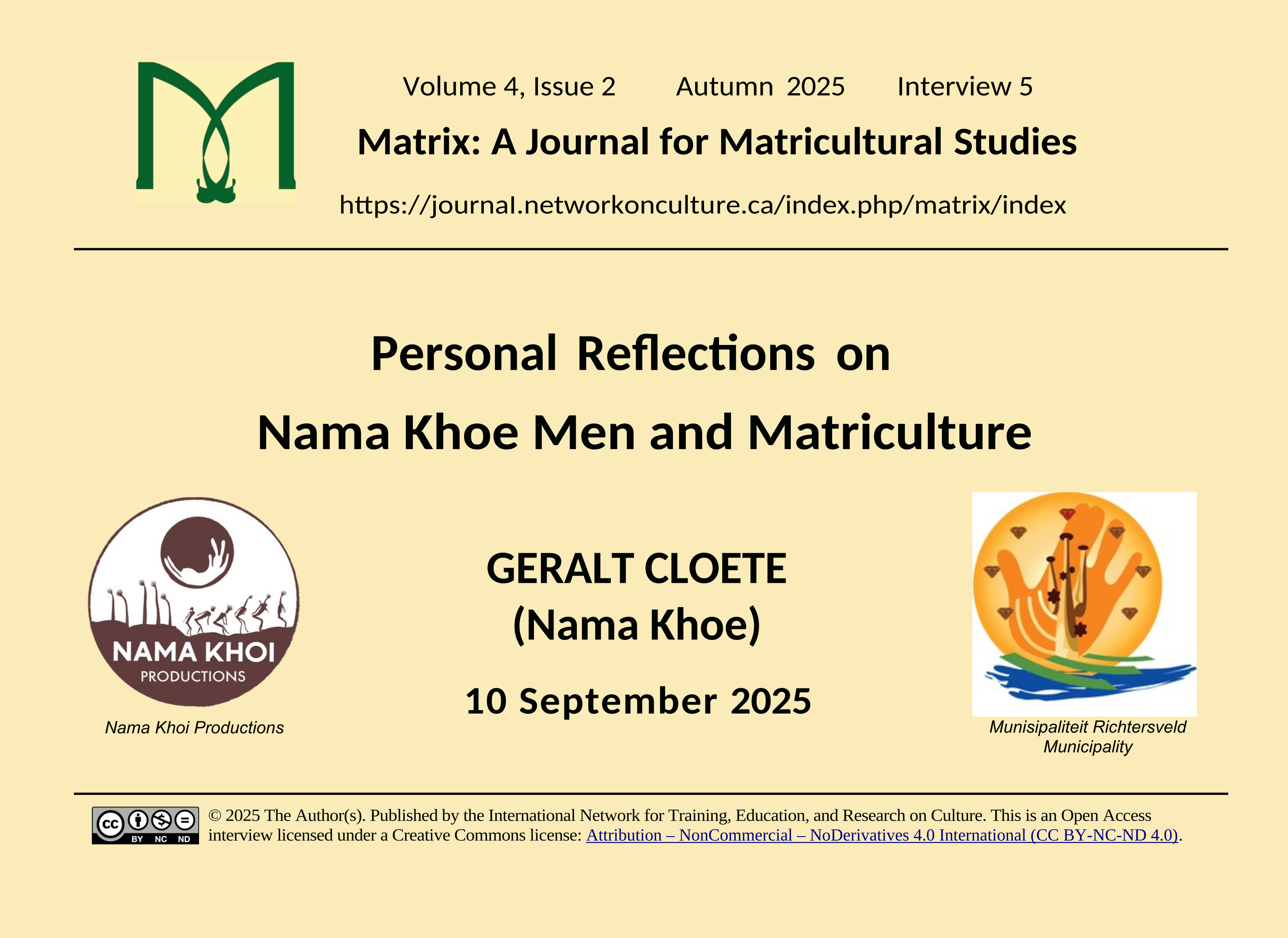 Title card for Geralt Cloete, Personal Reflections on Nama Khoe Men and Matriculture