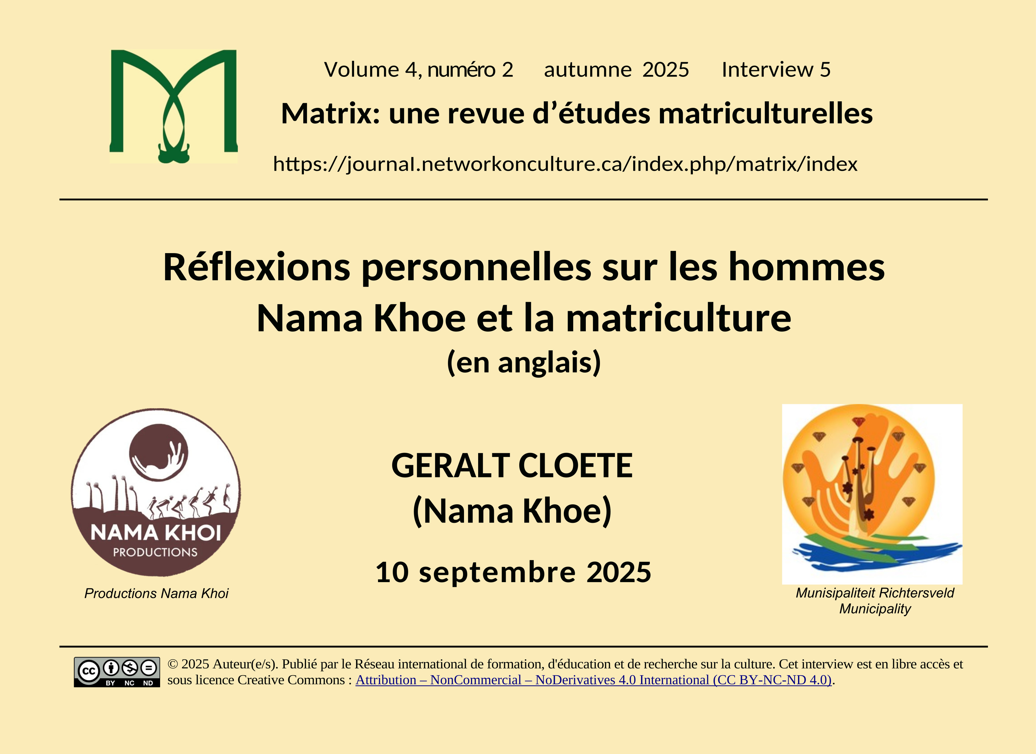 Carte de titre pour Geralt Cloete, Réflexions personnelles sur les hommes Nama Khoe et la matriculture