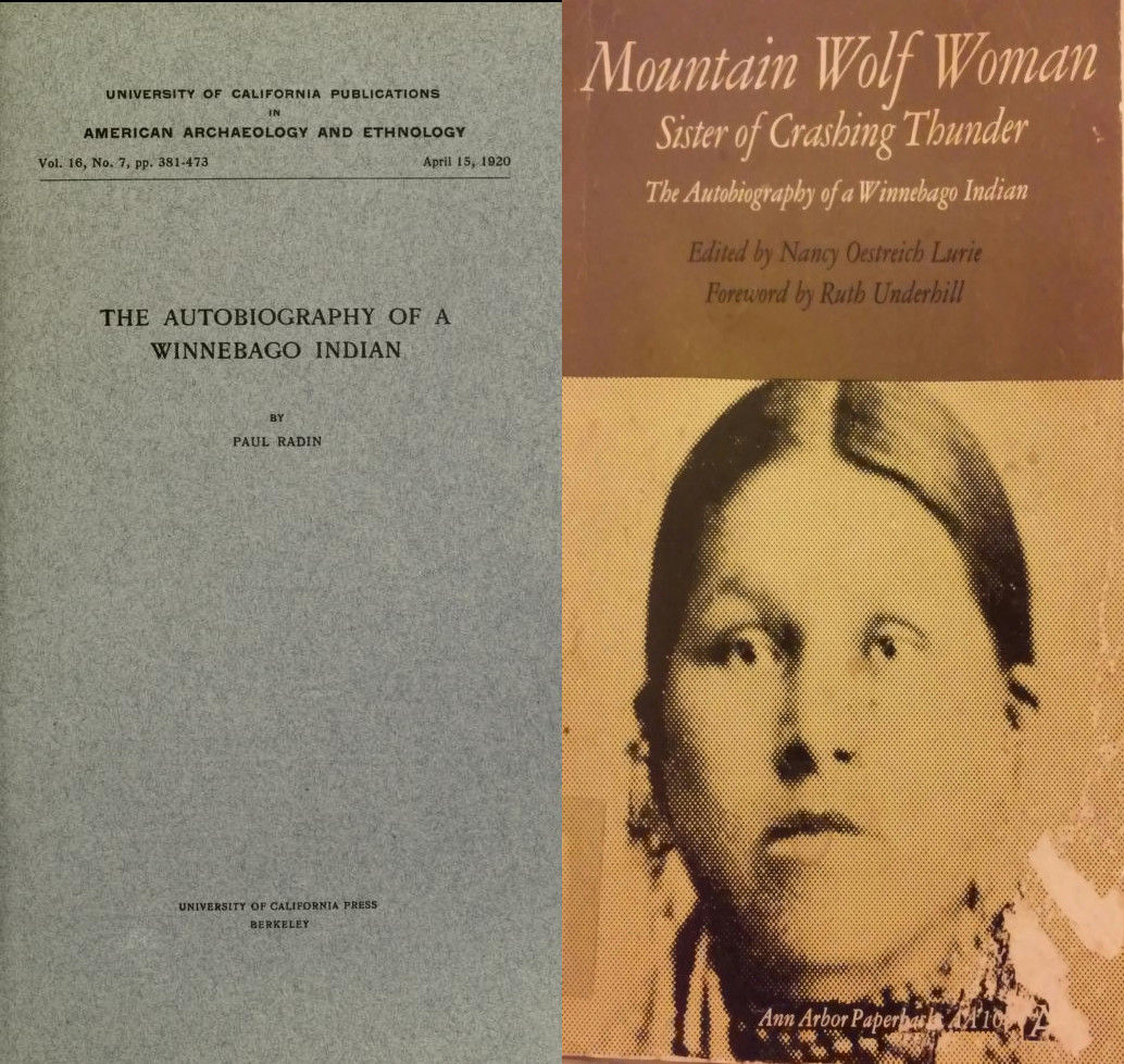 Two book covers; one is mottled gray, belonging to Radin's Autobiography of a Winnebago Indian, and the other has an Indigenous woman's face in sepia tones. This one is Lurie' Mountain Wolf Woman.