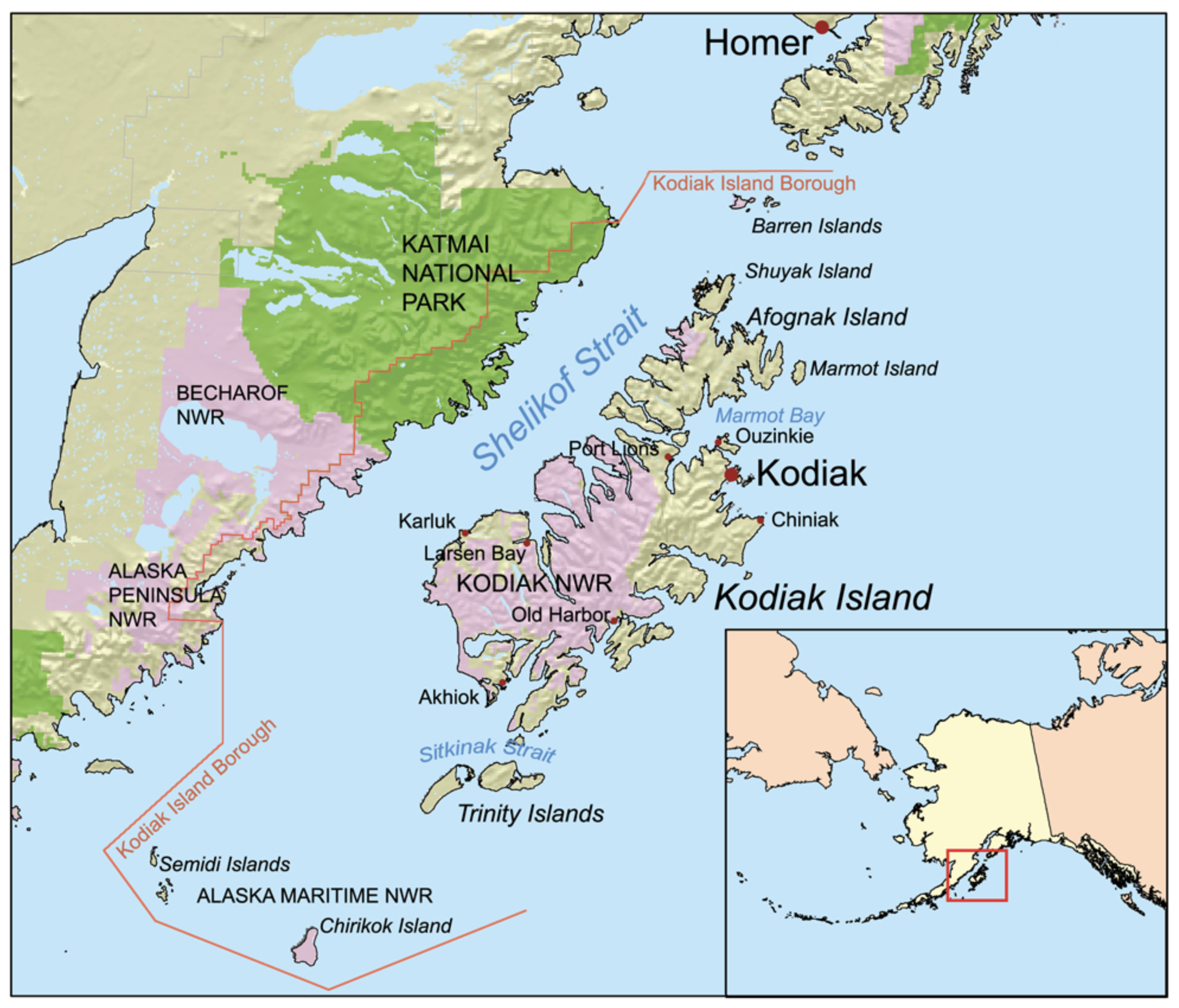 Coloured map of Alaskan coast featuring Kodiak Island and surrounds