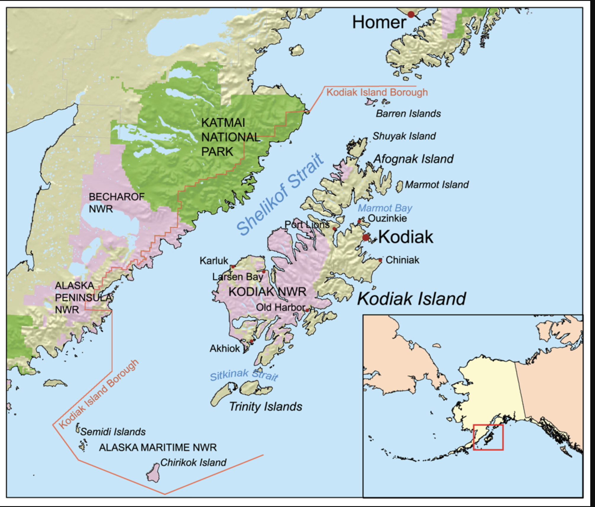 Carte en couleur de la côte de l'Alaska montrant l'île Kodiak et ses environs.
