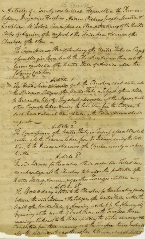 Page one of the handwritten Treaty of Hopewell, composed in 1785.