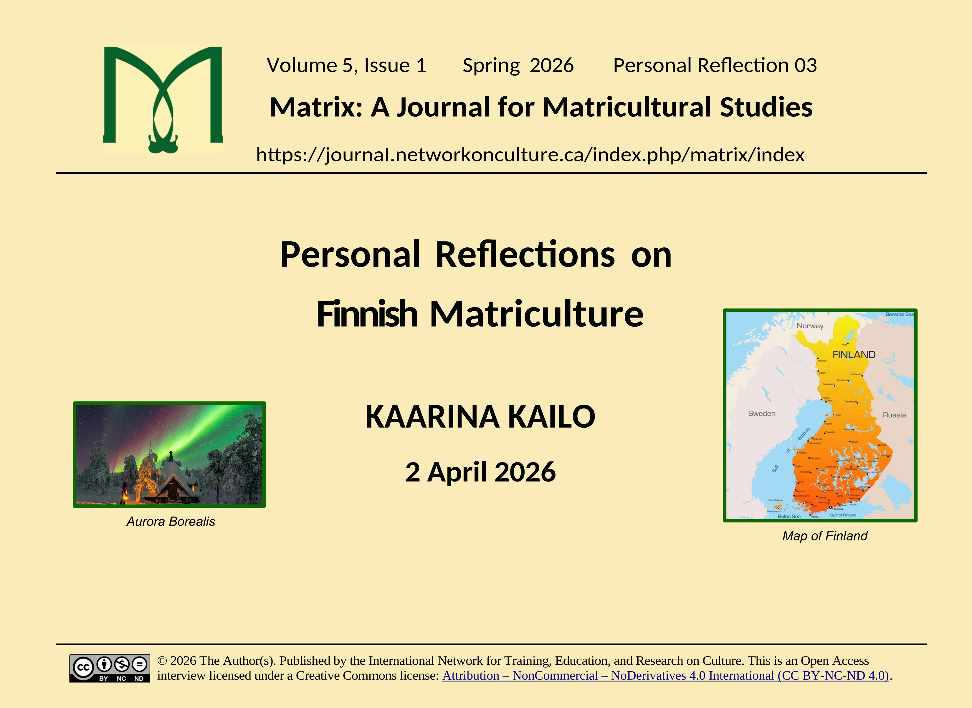 Title card for recorded interview with Kaarina Kailo, entitled 'Personal Reflections on Finnish Matriculture'