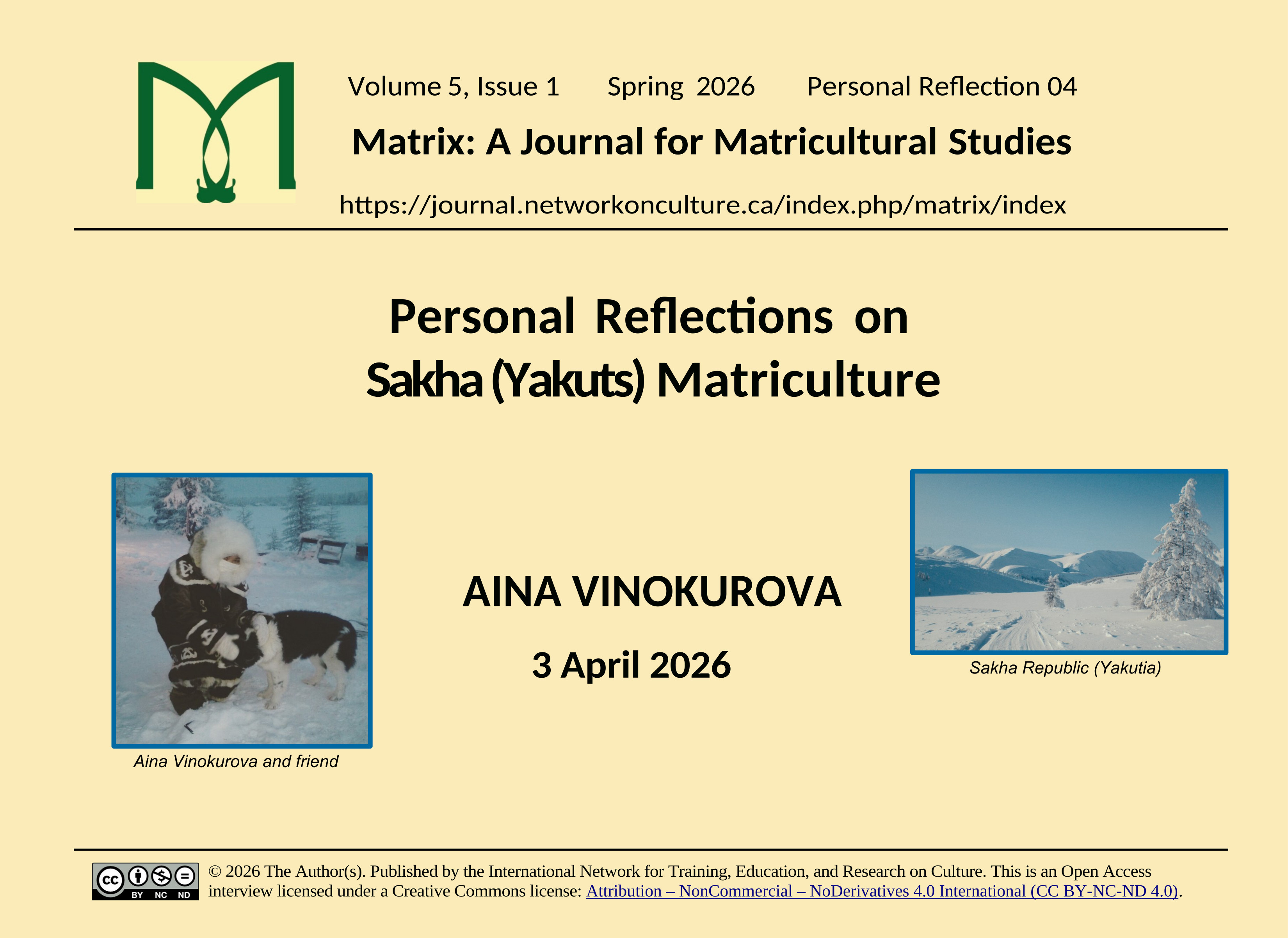 Title card for Aina Vinokurova's recorded interview 'Personal Reflections on Sakha (Yakuts) Matriculture.