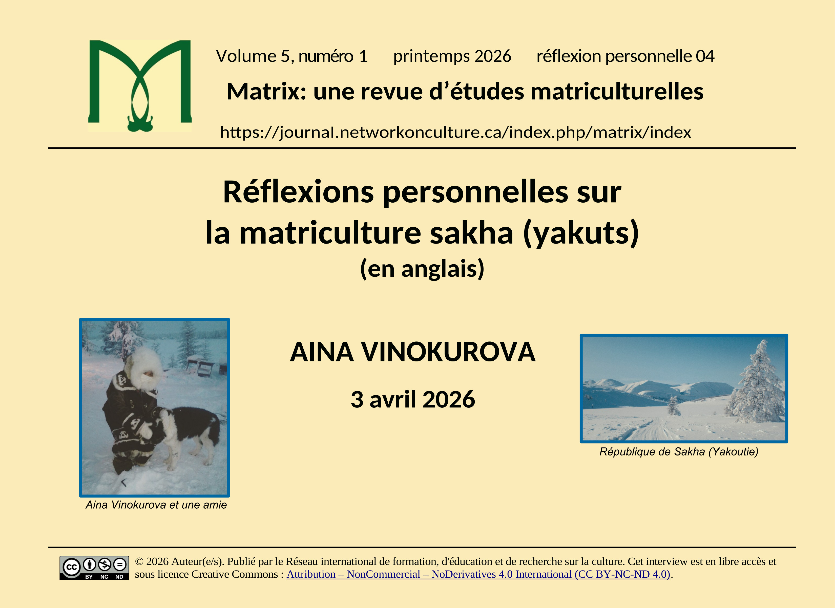 Carte de titre pour l'entrevue enregistrée d'Aina Vinokurova « Personal Reflections on Sakha (Yakuts) Matriculture ».
